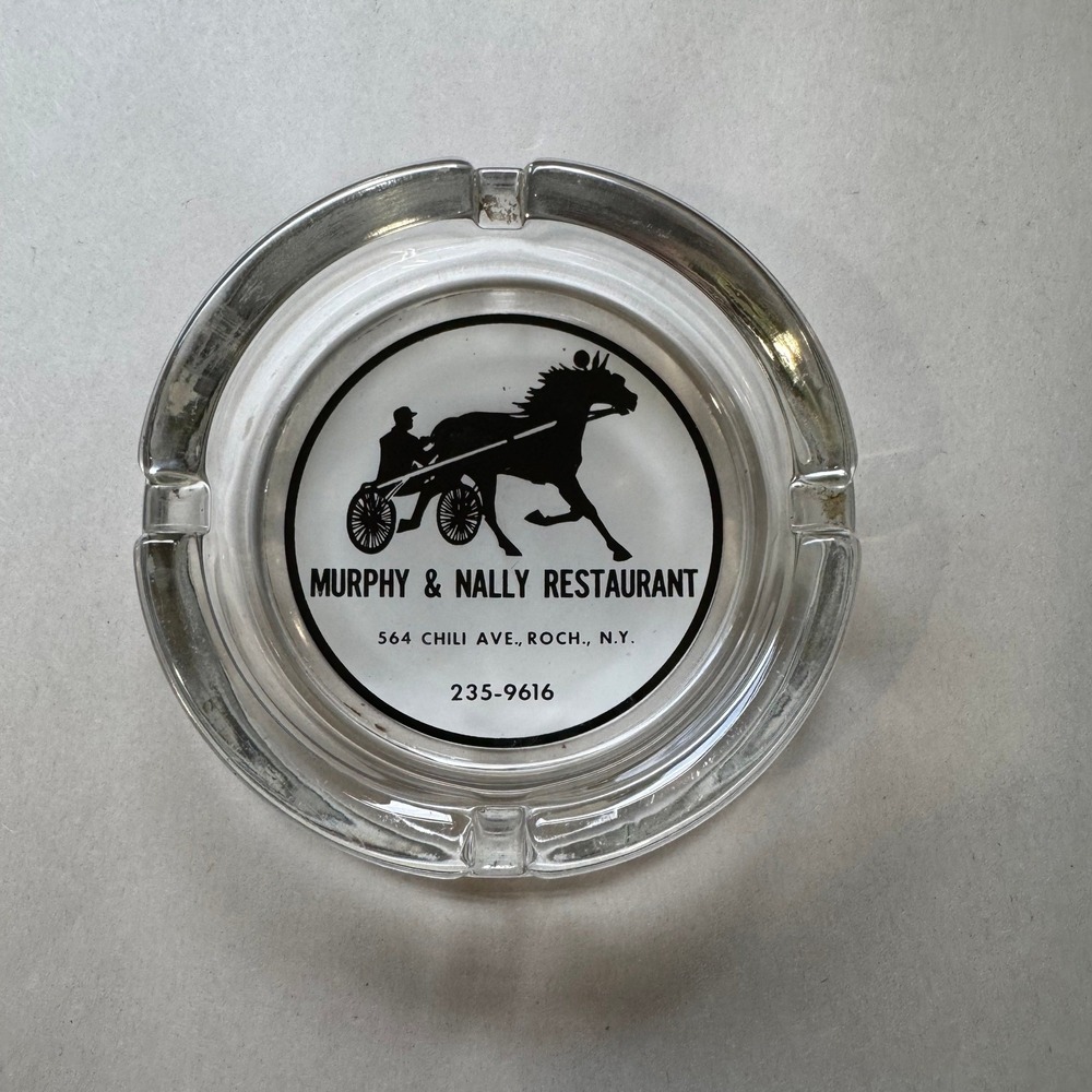 Vintage Murphy & Nally Restaurant Rochester NY Glass Ashtray Horse Sulky Racing